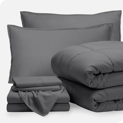 Bare Home Bed-in-A-Bag 7 Piece Comforter & Sheet Set - Queen - Goose Down Alternative - Ultra-Soft 1800 Premium - Bedding Set (Queen, Grey/Grey)
