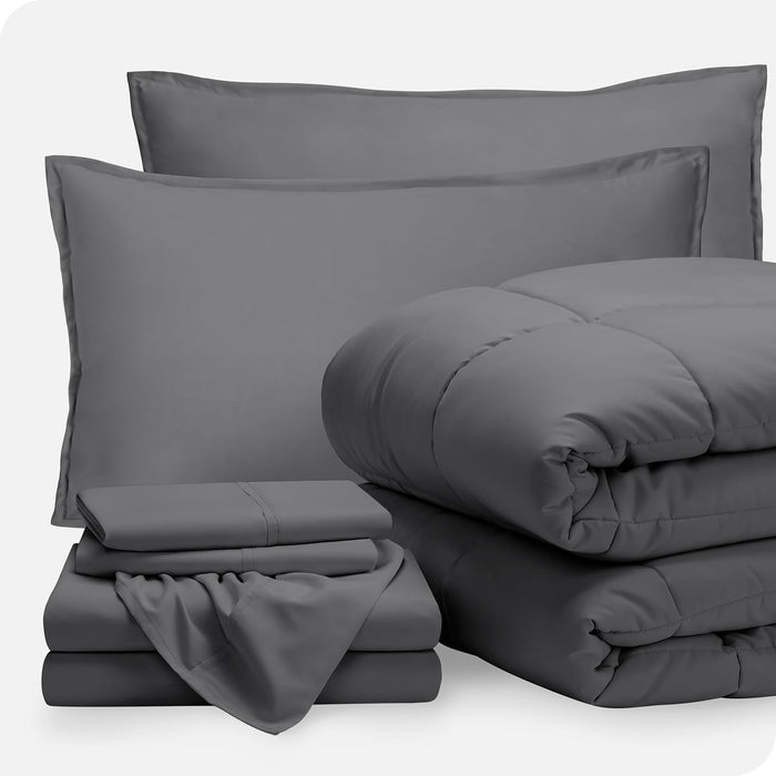 Bare Home Bed-in-A-Bag 7 Piece Comforter & Sheet Set - Queen - Goose Down Alternative - Ultra-Soft 1800 Premium - Bedding Set (Queen, Grey/Grey)