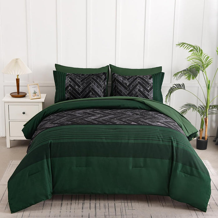 Luxudecor Burgundy Comforter Set Queen Size 7 Pieces Red and Black Stripe Bed in a Bag Geometric Comforter and Sheet Set, Soft Microfiber Complete Bedding Sets for All Seasons
