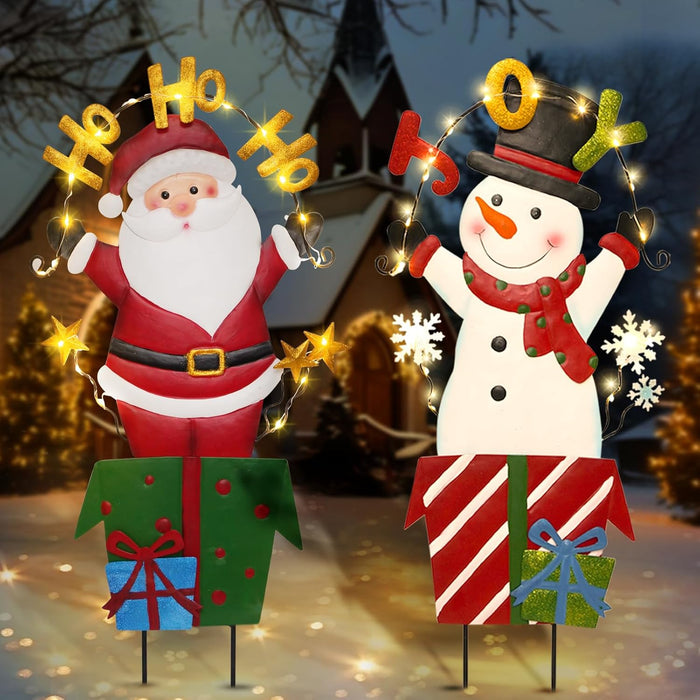Christmas Outdoor Yard Signs Decorations, LED Solar Metal Garden Stake Lights with Joy for Patio Lawn Christmas Decor (Snowman)
