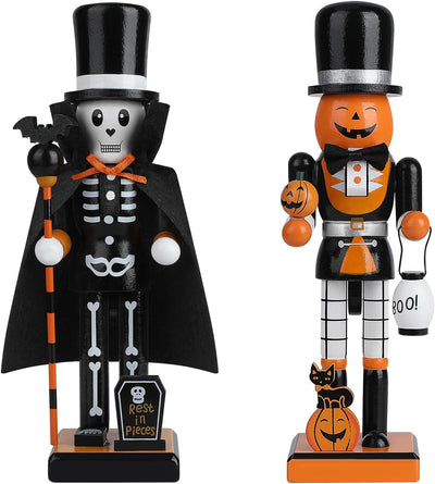 10" Halloween Decorative Nutcrackers, 2 Skeleton, Pumpkin Handmade Wooden Puppet Figures, Collectible Festive Present Figurine Shelves Tables Decorations