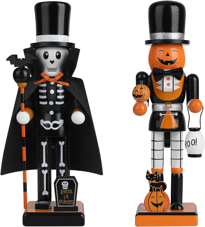 10" Halloween Decorative Nutcrackers, 2 Skeleton, Pumpkin Handmade Wooden Puppet Figures, Collectible Festive Present Figurine Shelves Tables Decorations