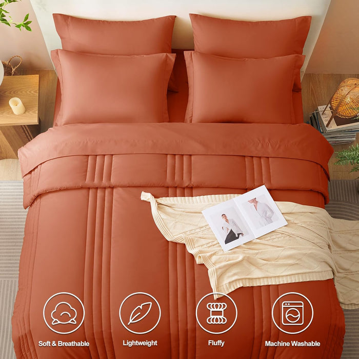 CozyLux Queen Comforter Set - 7 Pieces Bed in a Bag Terracotta Comforters Queen Size Bed Set, Soft Burnt Orange Bedding Set with All Seasons Comforter, Sheets, Pillowcases & Shams