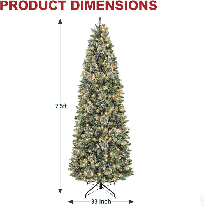Hykolity 7.5 ft Prelit Artificial Pencil Slim Christmas Pine Tree with 792 PVC Branch Tips, 300 Warm White LED Lights, Metal Stand and Hinged Branches, Perfect for Home, Decoration