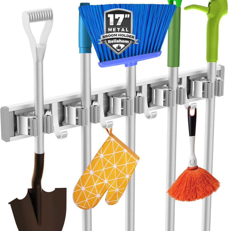 reliahom Broom Holder Wall Mount Mop and Broom Hanger Wall Mounted Garage Storage Rack Kitchen Garden Tool Organizer (4 Racks with 5 Hooks, Black)