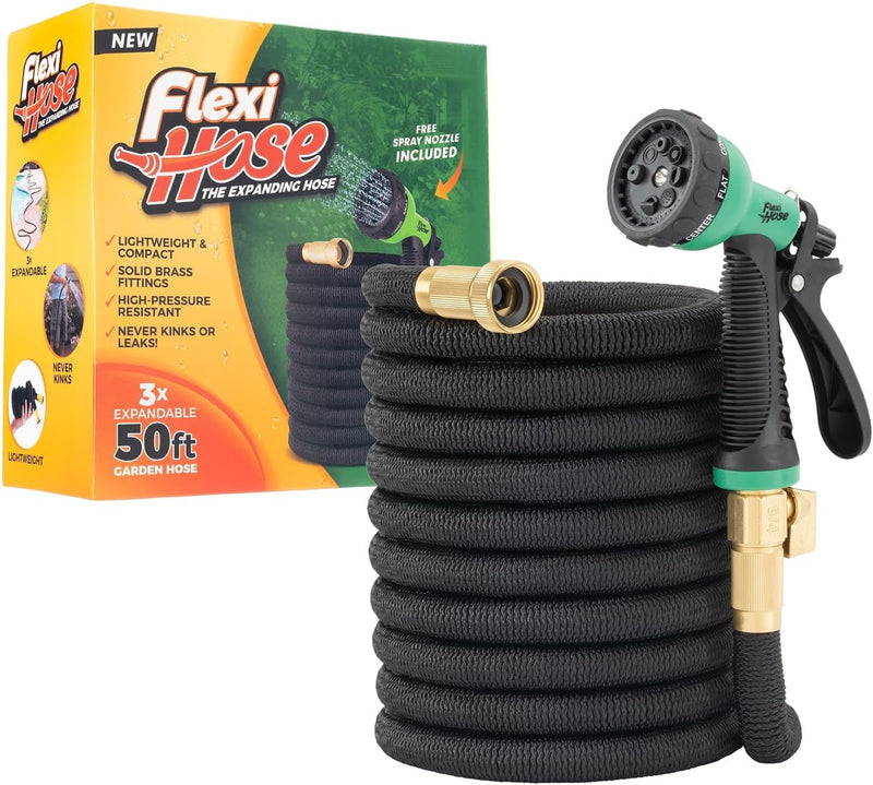 Flexi Hose Expandable Garden Hose with 8 Function Nozzle, 100FT - Lightweight Retractable Garden Hose, Water Hose - No-Kink Flexibility, 3/4 Inch Solid Brass Fittings and Double Latex Core
