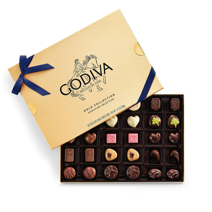 Godiva Navy Bow Gold Assorted Chocolate Gift Box, Dark and Milk Chocolates with Pralinés, Ganaches & Caramels, Gourmet Hanukkah Gift, Non-GMO & Kosher, 30 Pc
