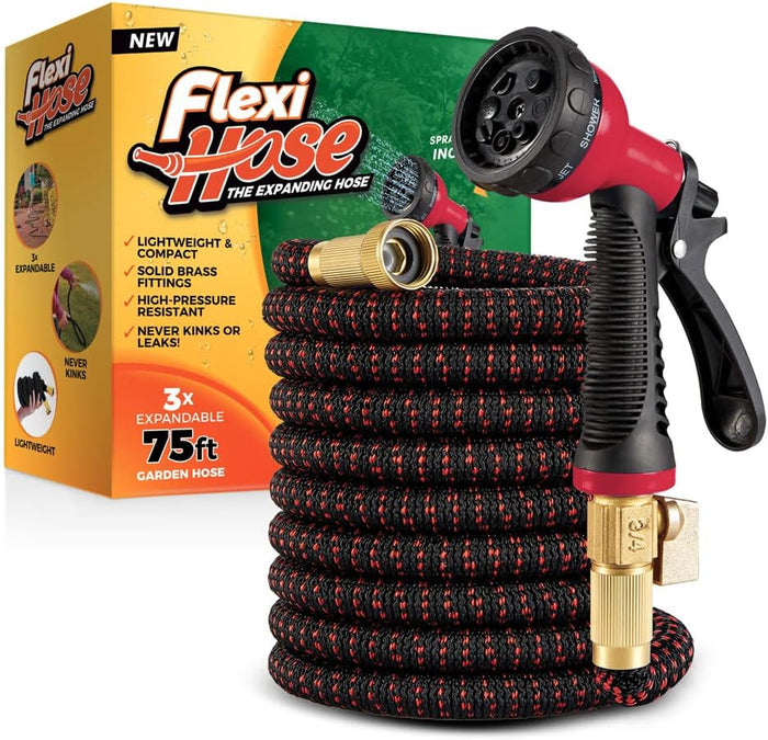 Flexi Hose PLUS with 8 Function Nozzle Expandable Garden Hose, Lightweight & No-Kink Flexible Garden Hose, 3/4 inch Solid Brass Fittings and Double Latex Core, 50 ft Black