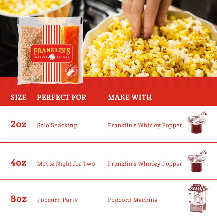 Franklin’s Gourmet Popcorn All-In-One Popcorn Packs for Popcorn Machine - 8oz Pack of 10 - Made in USA - Packs of Corn Kernels with Buttery Salt & Oil