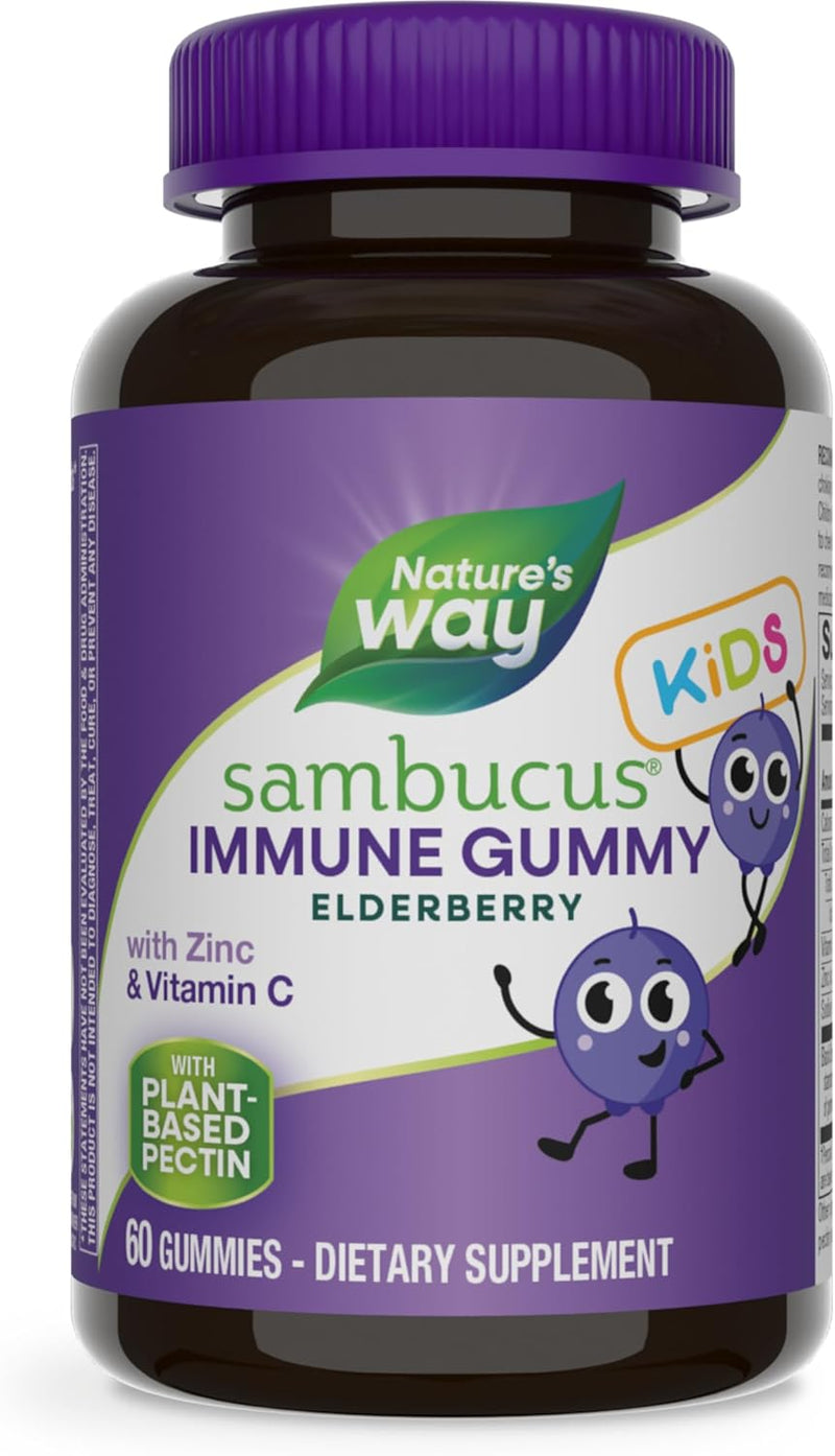 Nature’s Way Sambucus Elderberry Immune Support Gummies for Kids & Adults* with Black Elderberry Extract, Vitamin C, Vitamin D3, and Zinc, 60 Gummies (Packaging May Vary)