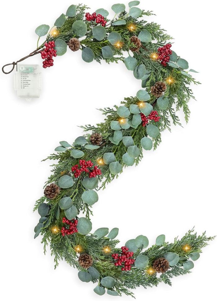 6ft Christmas Garland with Lights Artificial Cedar Cypress Garland with Pine Cones Garland for Home Fireplace Wall Indoor Outdoor Holiday Party Decoration