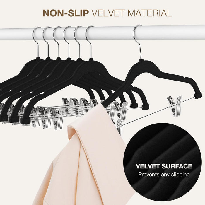Korpai 36-Pack Black Velvet Hangers with Clips Adjustable,Adult Hangers,Outfit Hanger,Heavy-Duty,Felt,Non-Slip,Space Saving, for Pants, Skirts, Suits,Coats, Dresses ect.