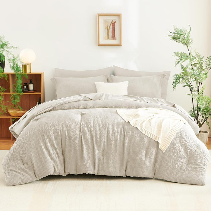 CozyLux Queen Comforter Set Beige - 7 Pieces Striped Seersucker Bed in a Bag, Soft Lightweight Boho Bedding Set with All Season Comforters Queen Size, Sheets, Pillowcases & Shams