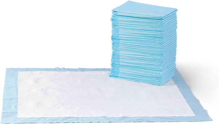 Amazon Basics Dog and Puppy Pee Pads, 5-Layer Leak-Proof Super Absorbent, Quick-Dry Surface, Potty Training, Regular (22x22"), 50 Count, Blue & White
