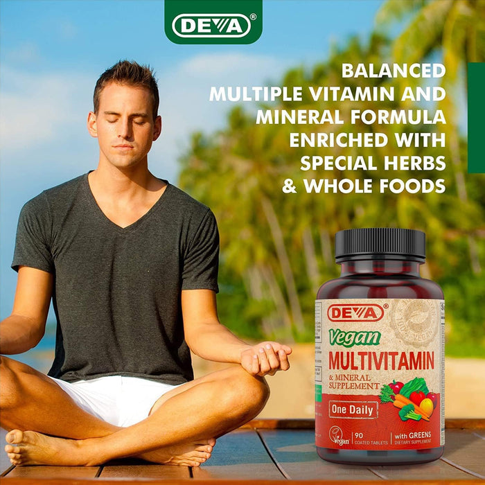 DEVA Vegan Multivitamin and Mineral Supplement - Once-Per-Day Formula with Greens - Vitamins A, C, D, E, B Complex, High-Potency Formulation for Daily Health and Wellness- 90 Coated Tablets, 1-Pack