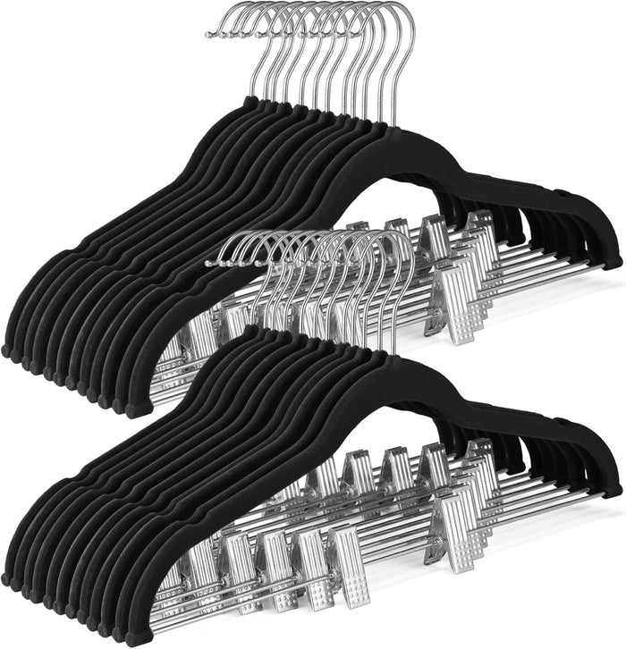 HOUSE DAY Velvet Skirt Hangers 24 Pack, White Velvet Hanger with Adjustable Clips, Space Saving Slim Pant Hangers, Heavy Duty Non Slip Clip Hanger for Pants, Skirts, Shorts