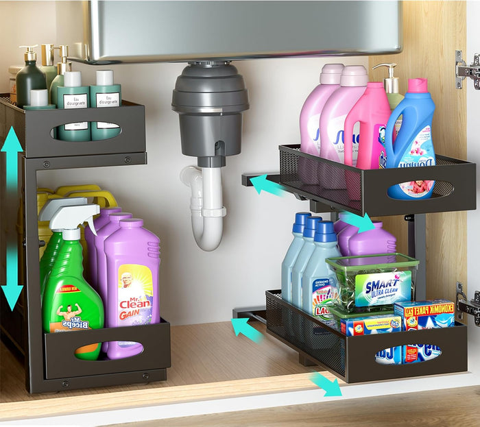 Under Sink Organizer, Extra-Wide Upgrade, 2-Pack of 2-Tier Metal Slide Out Cabinet Organizer, Height Adjustable Organization and Storage Series, Bathroom/Cabinet/Kitchen organization, Black