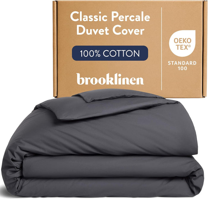 Brooklinen Luxury Percale Duvet Cover – 100% Cotton, Cool, Crisp, Extra-Long Corner Ties, Button Closure, Soft & Breathable – Machine Washable, Duvet Cover Full/Queen Bed Sizes (Abyss)