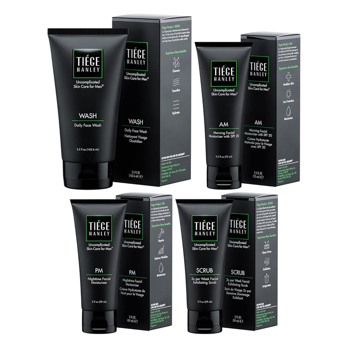 Tiege Hanley Skin Care Set for Men, Anti Aging Routine, System Level 3, Daily Face Wash, Facial Scrub, Two Moisturizers, Eye Cream, and Serum for Healthy, Hydrated Skin, Men’s Skin Care, 6 Piece Kit