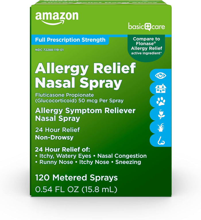 Amazon Basic Care 24-Hour Allergy Relief Nasal Spray, Fluticasone Propionate (Glucocorticoid), 50 mcg, Full Prescription Strength, Non-Drowsy, 0.62 fl oz (Pack of 1)