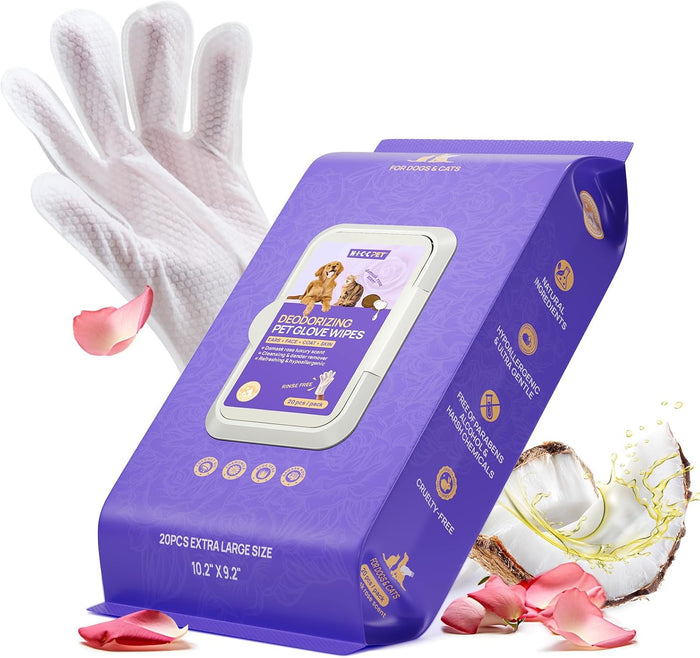 HICC PET Cleaning Deodorizing Glove Wipes for Dogs & Cats, Vet Recommended Hypoallergenic Hydrating & Nourish Fur Pet Grooming Glove Wipes, Pet Bathing Wipes for Horse Coat Care