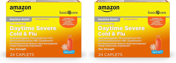 Amazon Basic Care Vapor Ice Day and Night Severe Cold and Flu Relief Caplets, Maximum Strength Medicine, Combo Pack, 48 Count