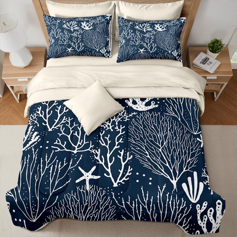 7 Pcs Queen Size Comforter Set with Pillowcases & Shams, Red and White Paisley Floral Bedding, Classic All-Season Bed in a Bag with Flat and Fitted Sheets