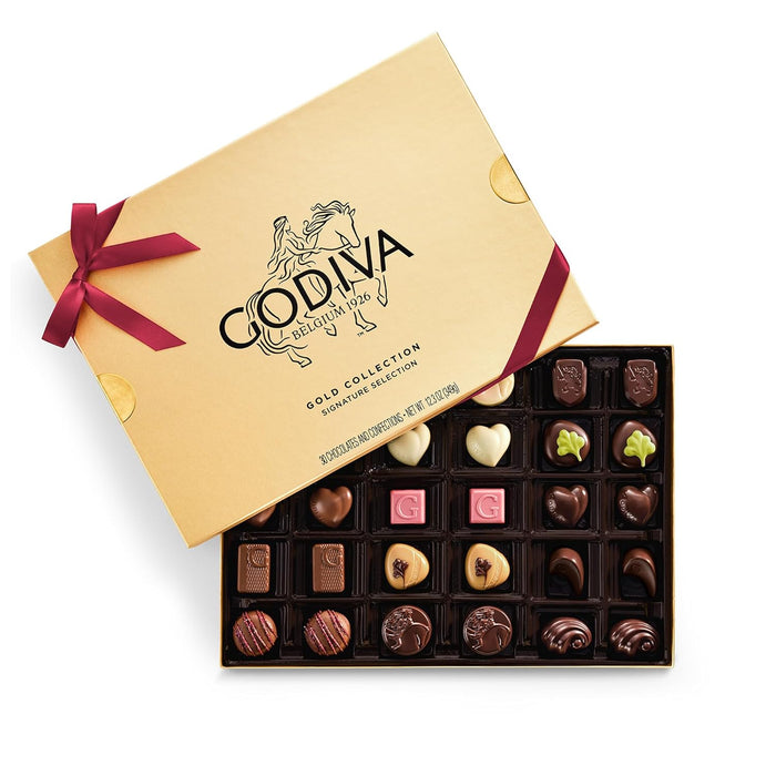 Godiva Navy Bow Gold Assorted Chocolate Gift Box, Dark and Milk Chocolates with Pralinés, Ganaches & Caramels, Gourmet Hanukkah Gift, Non-GMO & Kosher, 30 Pc