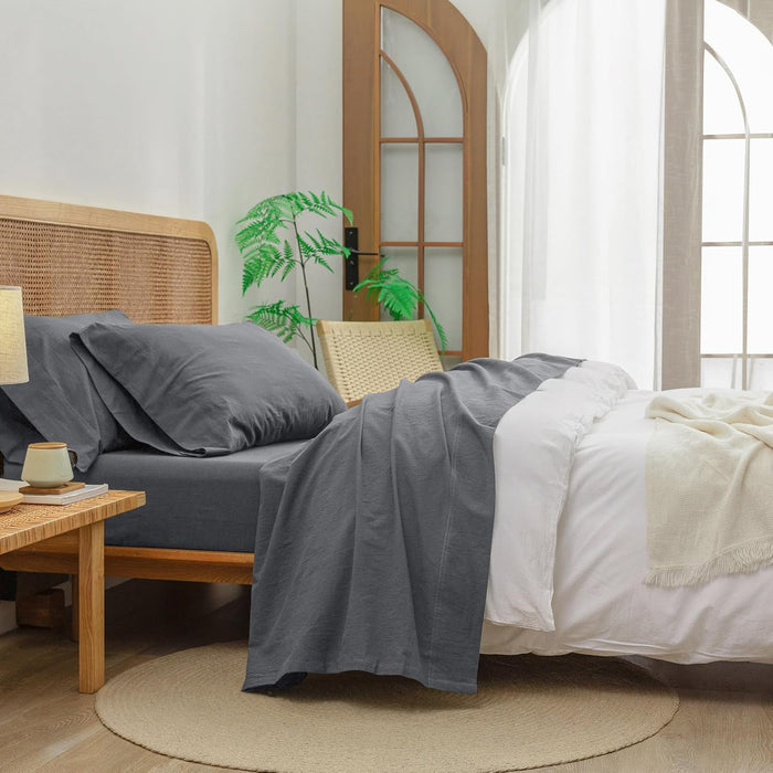 BESTOUCH Sheet Set 100% Washed Cotton Linen Feel Super Soft Comfortable Chic Lightweight 4 Pcs Home Bedding Set Solid Cornflower Blue Queen
