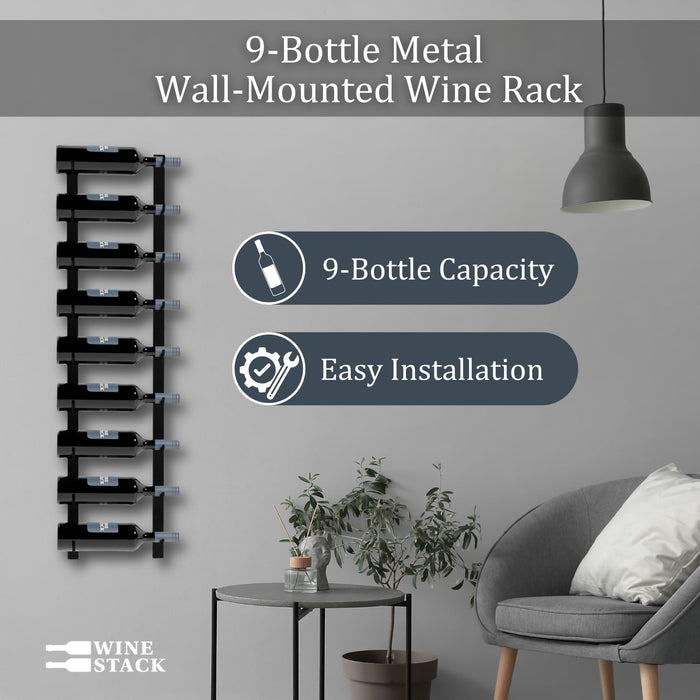 9-Bottle Black Metal Wall Mounted Wine Rack – Modern Industrial Wine Bottle Storage Organizer for Home Bar, Kitchen, Dining Area & Wine Cellar