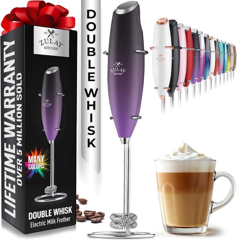 Zulay Kitchen Powerful Milk Frother Wand With 2 Duracell Batteries - Ultra Fast Handheld Drink Mixer - Electric Whisk Foam Maker for Coffee, Lattes, Cappuccino, Matcha, Hot Chocolate & Creamer - Black