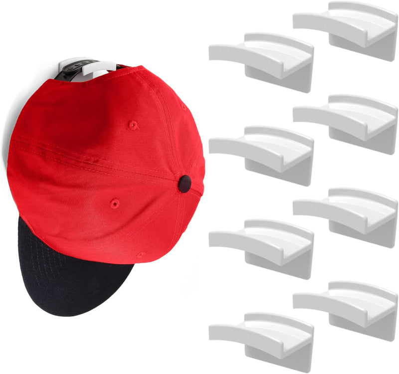 Modern JP Adhesive Hat Hooks for Wall (8-Pack) - Minimalist Hat Rack Design, No Drilling, Strong Hold Hat Hangers - USA Patented, Clear