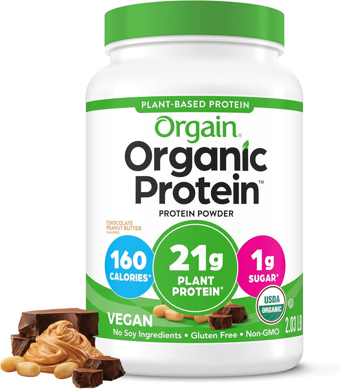 Orgain Organic Vegan Protein Powder, Peanut Butter - 21g Plant Protein, 7g Prebiotic Fiber, Low Net Carb, No Dairy Ingredients, No Added Sugar, For Shakes & Smoothies, 2.03 lb (Packaging May Vary)