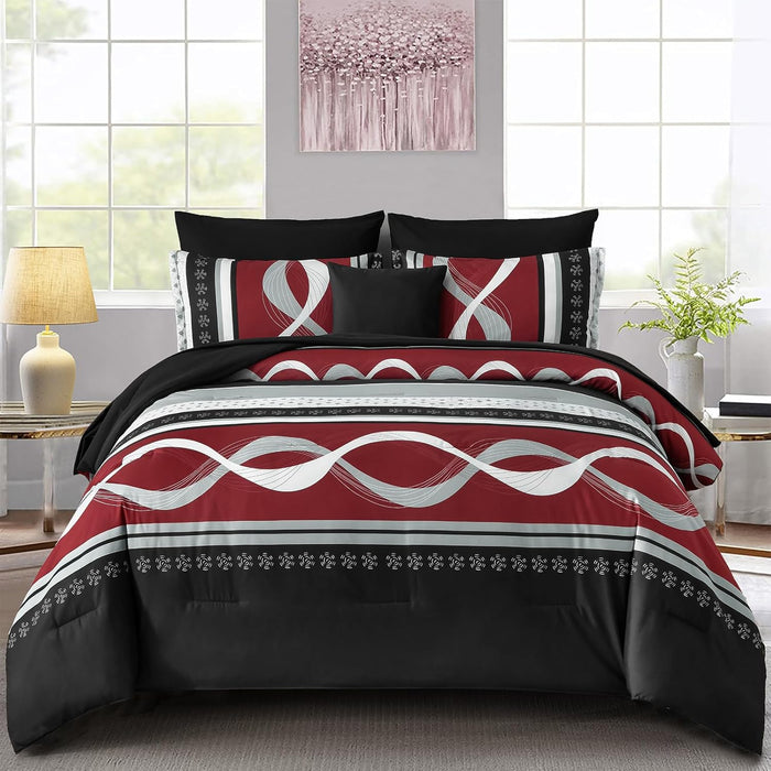 Anibedding Black Comforter Set Queen Size,8 Pieces Boho Bed in a Bag Patchwork Striped Comforter Set, Soft Microfiber Bedding Set for All Season(90"×90")