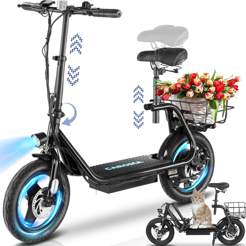 Caroma Peak 1200W/800W/500W Electric Scooter with Seat,14"/12" Fat Tire, Up to 30Miles and 20MPH Electric Scooter Adults&Teens, Adjustable E-Scooter with Shock Absorbtion and Basket