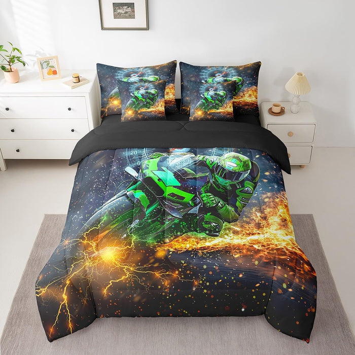 Feelyou Motocross Rider Bed Set for Kids Boys Girls Twin Size Extreme Sports 7 Pieces Beeding Set Ultra Soft Dirt Bike Bed in a Bag with Comforter, Sheets, Pillowcases Racing Themed Room Decor