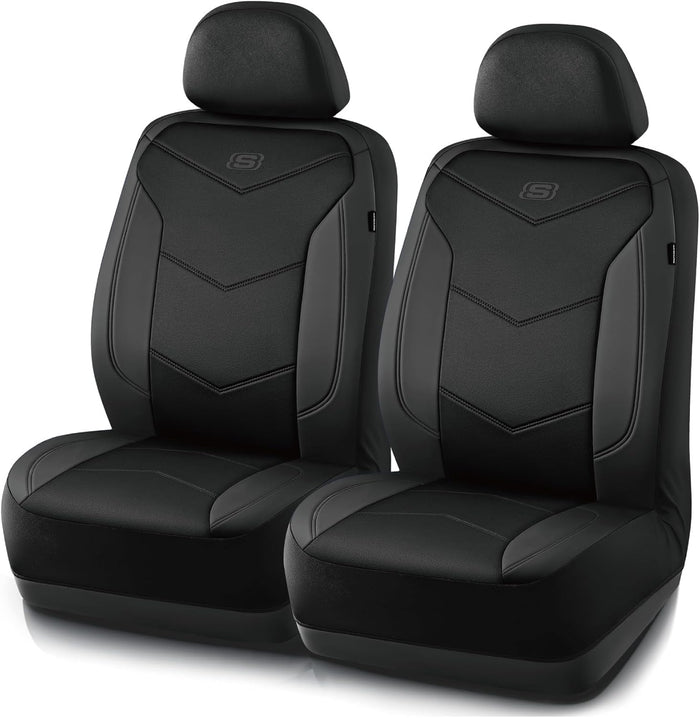 Skechers Memory Foam Seat Covers,Leather Car Seat Covers, Ultimate Comfort & Support Front Seat Covers Airbag Compatible, Automotive Universal Fit Most for SUVs, Vans, Sedans, Cars, Trucks,Black