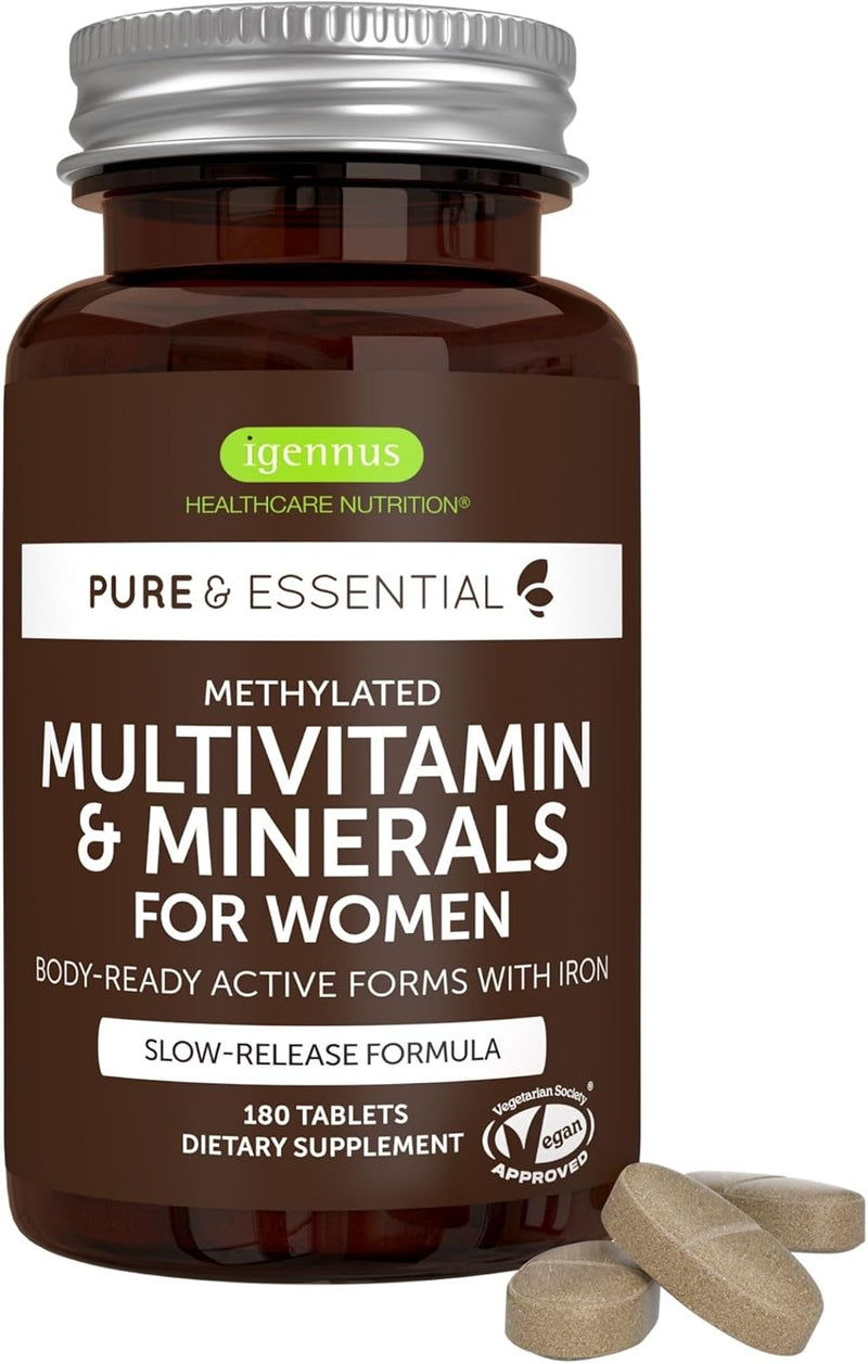 Igennus High Potency Methylated Multivitamin for Women, Pure & Clean Ingredients, MTHFR Supplement with Active B-Vitamins, Vitamin K2 MK7, Gentle Iron, Sustained Released, Non-GMO & Halal, 60 Tablets