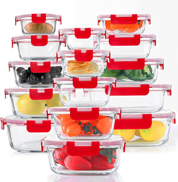 KOMUEE 30 Pieces Glass Food Storage Containers Set, Glass Meal Prep Containers Set with Snap Locking Lids, Airtight lunch Containers for Microwave, Oven, Freezer & Dishwasher,Gray