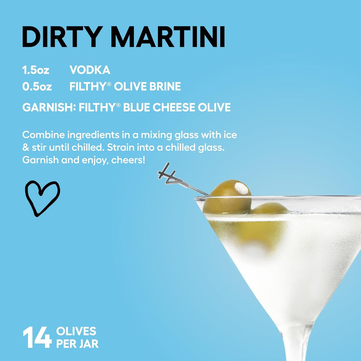 Filthy Blue Cheese Stuffed Olives, Premium Cocktail Garnish, Blue Cheese Stuffed Olives, Naturally Cured Queen Olives Stuffed With Real Wisconsin Blue Cheese for Martinis, 8.5 Oz Jar, 14 Olives