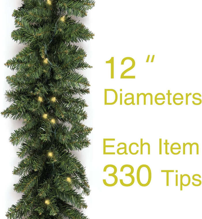 Christmas Garland 18 Ft by 12 Inch Prelit Fraser Fir Xmas Garland with 100 LED Lights, Lush and Classics Green Style for Indoor Outdoor Home Decoration