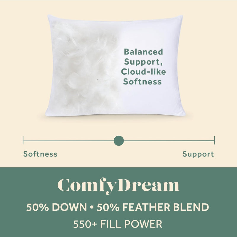ComfyDown 50/50 Down Feather Blend ComfyDream Bed Pillow for Sleeping, Egyptian Cotton Cover, Made in USA, Twin Size (Twin)