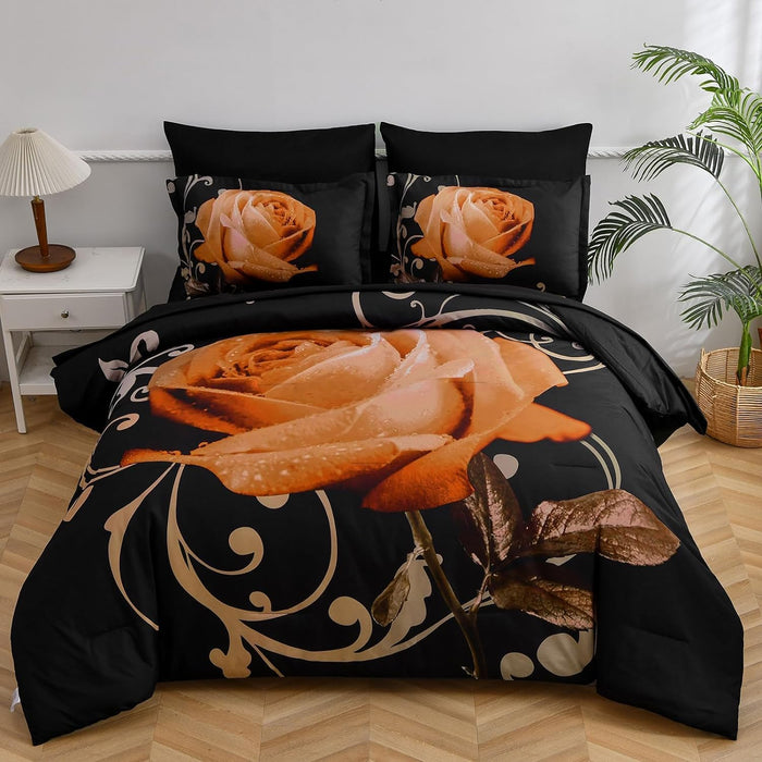 Xruibed Floral Comforter Set Queen 7 Piece Bed in a Bag Purple Rose Flower Comforter with Sheet Set Soft Micorfiber Bedding Set (1 Comforter,2 Pillow Shams,1 Flat Sheet,1 Fitted Sheet,2 Pillowcases)