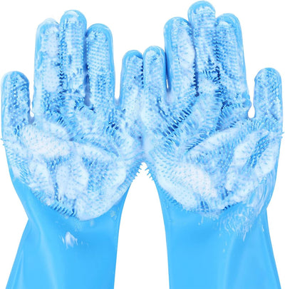 Pecute Pet Grooming Gloves - Heat Resistant Silicone Gloves with High-Density Teeth, Enhanced Five Finger Design for Bathing and Massaging Dogs and Cats, Blue