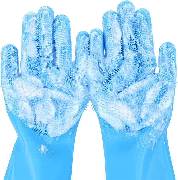 Pecute Pet Grooming Gloves - Heat Resistant Silicone Gloves with High-Density Teeth, Enhanced Five Finger Design for Bathing and Massaging Dogs and Cats, Blue