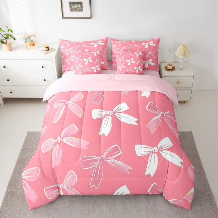 Feelyou Bow Bed Set for Kids Girls Woman Twin Size Cute Coquette Bow Knot 7 Pieces Beeding Set Ultra Soft Bow Pattern Bed in a Bag with Comforter, Sheets, Pillowcases Bow Decor Room Decor Bowknot