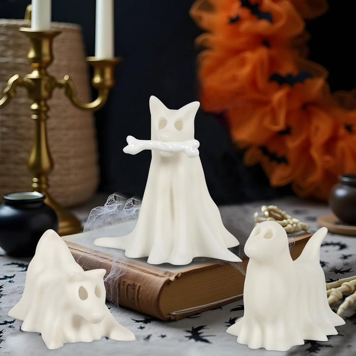 Light-Up Halloween Decorations, Set of 3 Draped Ghost Dog Figurines, Spooky Halloween Decorations Indoor, Ghost Decor for Home Party Display
