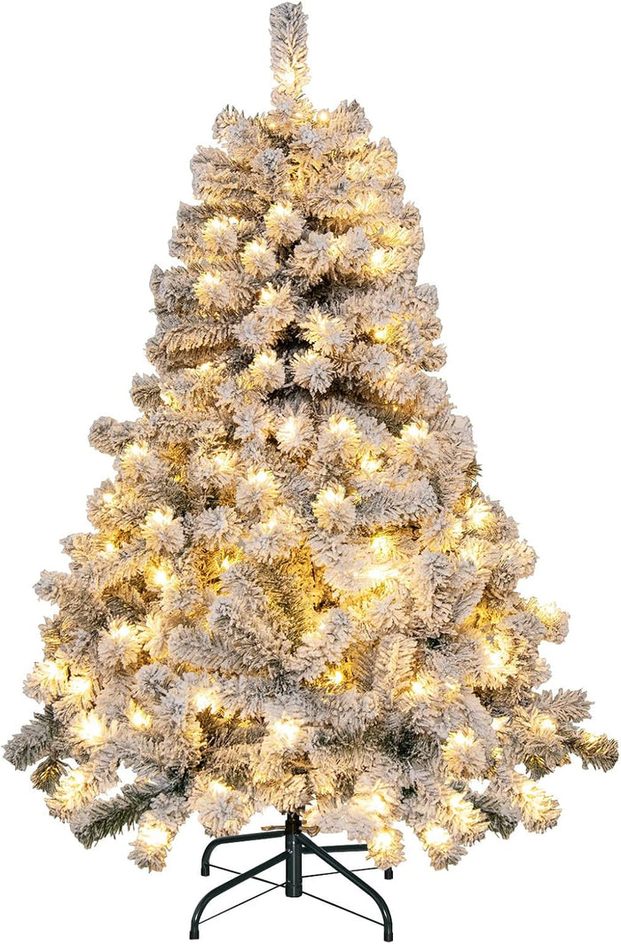 Goplus 6ft Pre-Lit Artificial Christmas Tree, Premium PVC Snow Flocked Hinged Pine Tree with Metal Stand and LED Lights, Perfect Xmas Decoration for Indoor and Outdoor