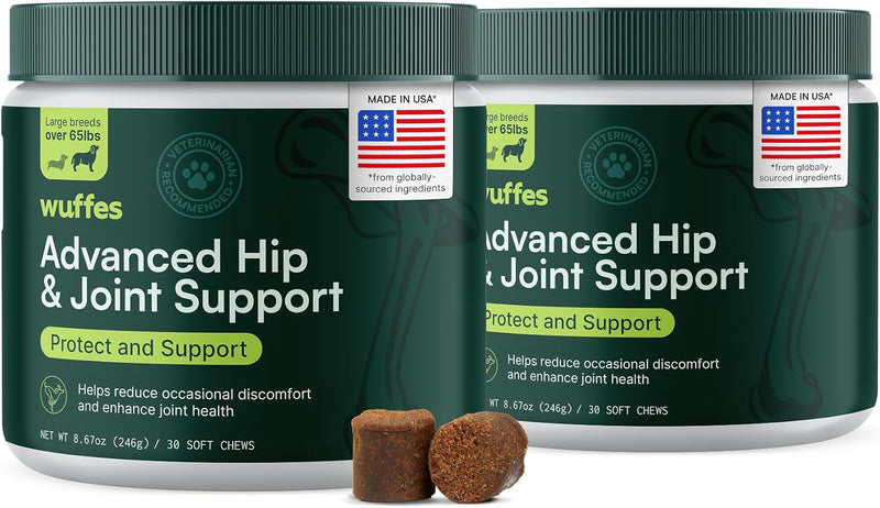 Wuffes Advanced Dog Hip and Joint Supplement with Glucosamine, Chondroitin, Omega 3, MSM, and Green Lipped Mussel, 60 Pork Flavored Chews for Small and Medium Dog Breeds