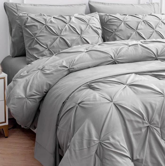 LANE LINEN White Comforter Set with Sheets, 7 Piece Bed in a Bag Queen Size, Pintuck Queen Bed Set, Ultra Soft Bedding Queen Size with Down Alternative Comforter, Sheets, Pillowcases & Shams - White